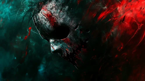 Haunted skull mask emerges through swirling red smoke