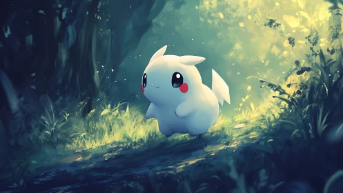 White creature resembling Pikachu in sunlit forest path.