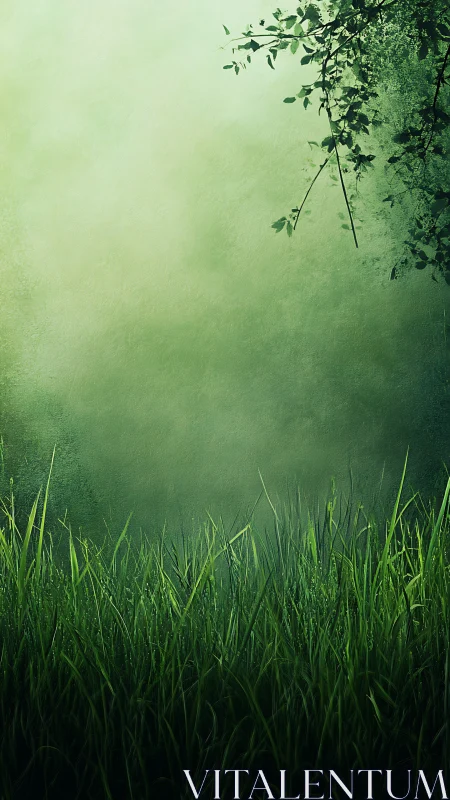 Morning meadow grass beneath soft misty green sky.