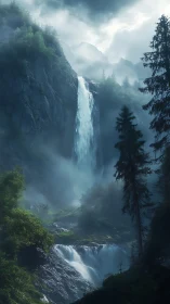 Misty mountain waterfall plunges through lush pine valley.