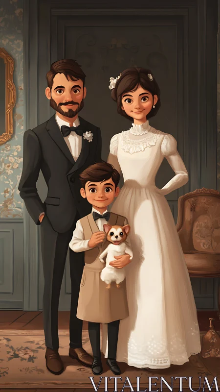 Whimsical wedding portrait with boy, bowties, and pup joy.