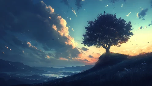 Solitary hilltop tree against expansive sunset sky.