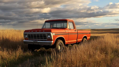 Sunset rest for a vintage orange pickup in open grassland.