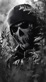 Tactical operator in skull mask concealed in foliage at dusk