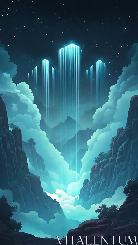 Vertical light columns over misted mountain valley at night.