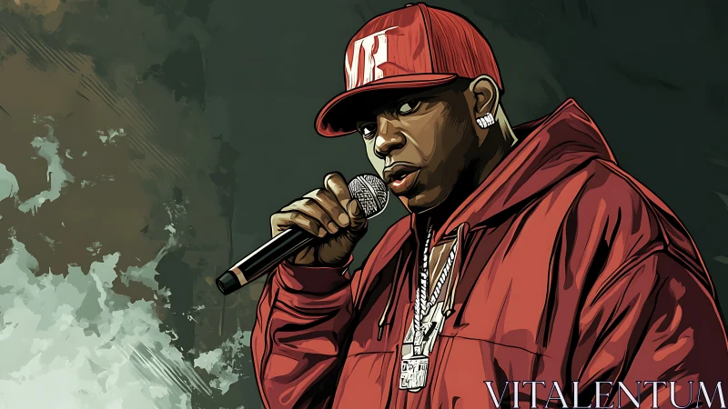 Digital portrait of rap performer in red streetwear gear.