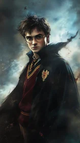 Digital painting portrait of young wizard in storm-lit robes.