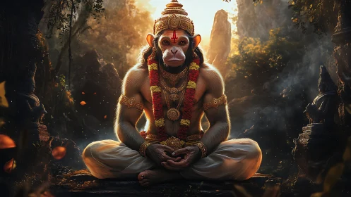 Divine monkey sage in luminous jungle meditation scene.