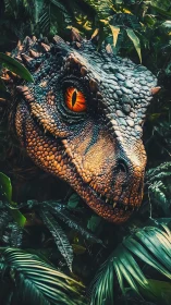 Hyperreal raptor head emerging from dense tropical foliage