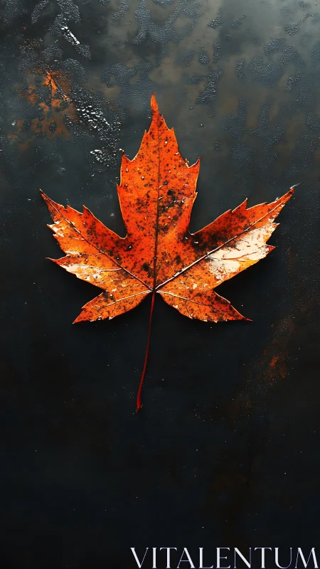Macro study of wet maple leaf on dark textured metal surface