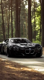 Sleek black BMW concept glides through a tranquil forest road.