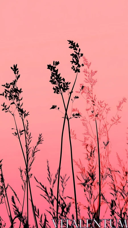 Silhouetted meadow grasses against gradient coral dusk sky