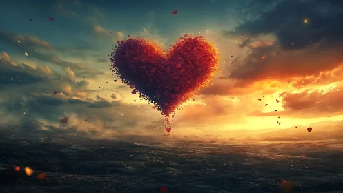 Luminous Heart Cloud Formation Against Dramatic Sunset.