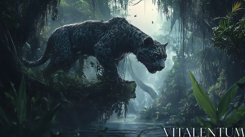 Black Panther Stalks Misty Jungle Canopy