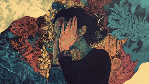 Woman hides her face amid swirling botanical chaos