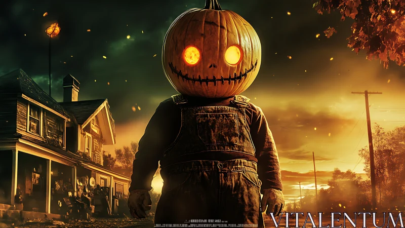 Backlit pumpkin-headed child in overalls dominates eerie rural road