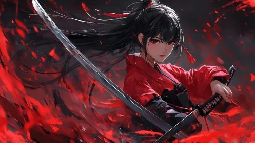 Kinetic katana duelist in crimson vortex of motion blur.