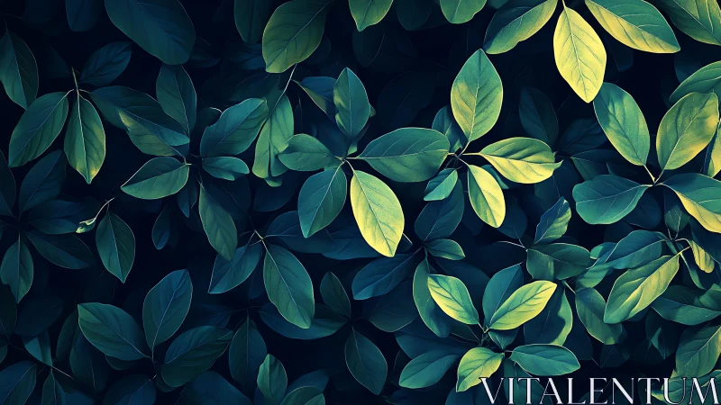 Moody botanical foliage pattern with teal green leaves.