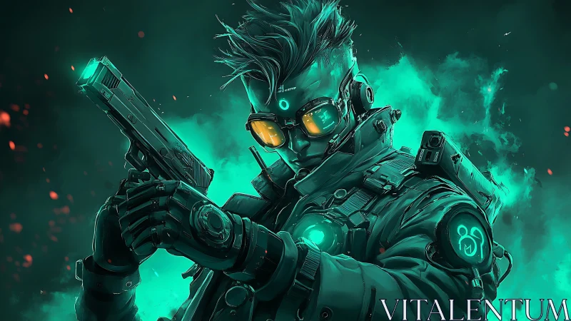 Cyan cybernetic operative with pistols and neon particle glow.