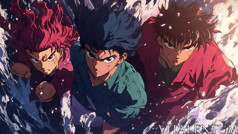 Anime trio charging through crashing ocean waves.