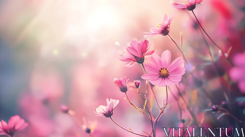 Pink cosmos flowers in soft-focus garden with bokeh lighting effects