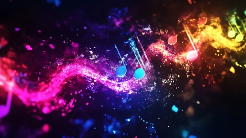 Vibrant neon music notes on glowing abstract sound wave.