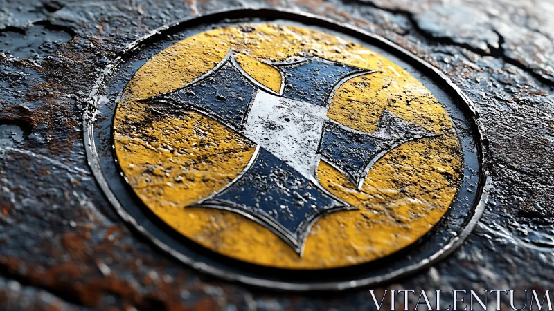 Circular metallic emblem with worn yellow and blue crest