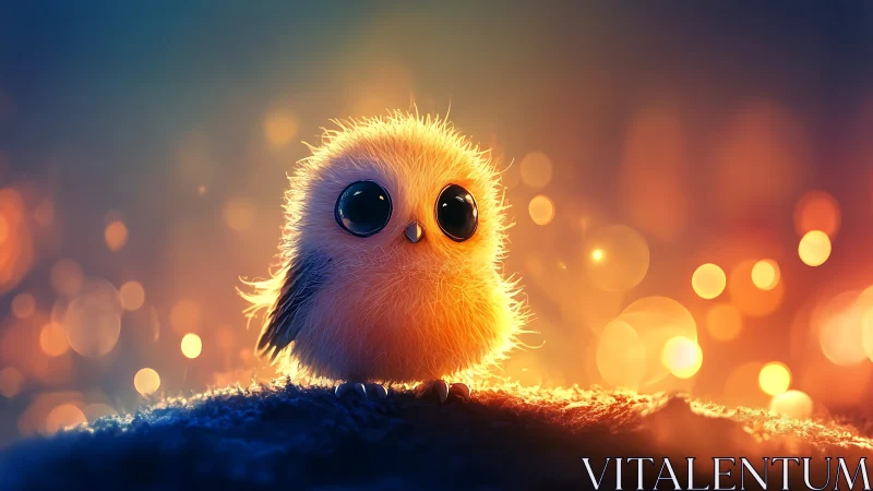 Adorable fluffy baby owl with big eyes in dreamy bokeh lighting.