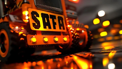 Glowing orange truck grille reflects neon road lights beautifully.