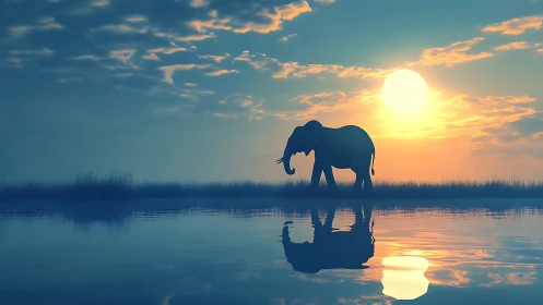 Elephant silhouette at sunset over reflective wetland water.