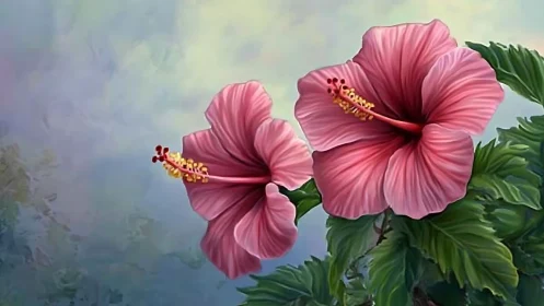 Pink Hibiscus Flowers with Yellow Stamens Against Cloudy Sky.