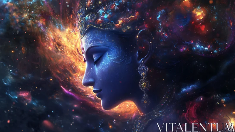 Celestial blue deity merges with swirling galactic nebulae