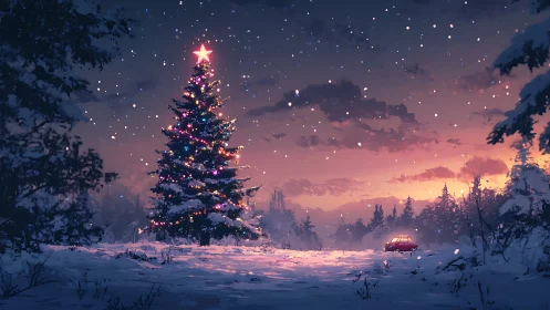 Snowy forest Christmas tree glows warmly at winter sunset