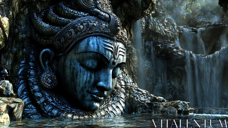 Digital sculpture of serene stone deity in waterfall grotto.
