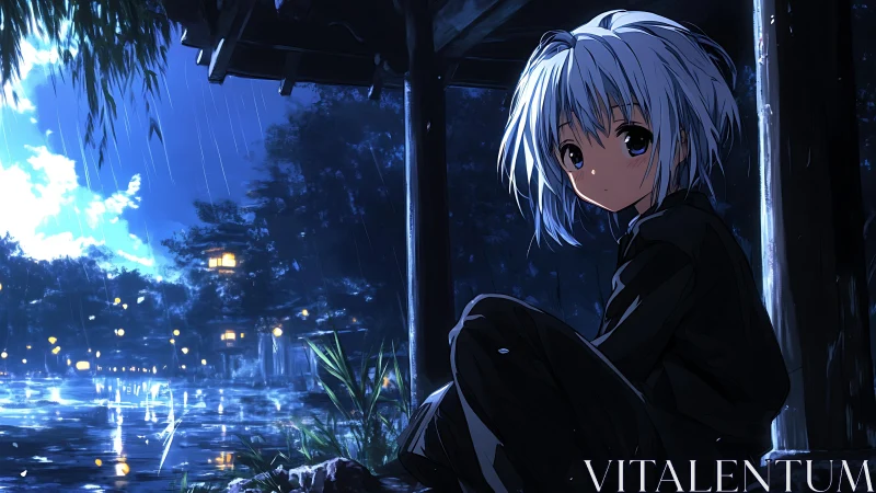 Nocturnal lakeside shelter with reflective anime solitude.