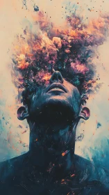 Head tilted skyward, a human silhouette erupts into nebulae