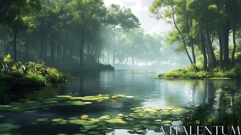 Misty Woodland Canal with Lily Pads and Atmospheric Light Diffusion