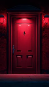 Red wooden door illuminated by strong overhead red light