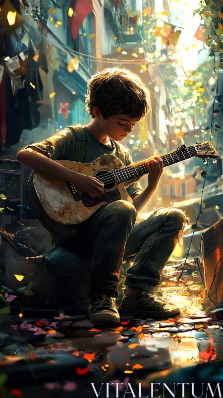 Street boy shapes golden melody in sunlit alleyway