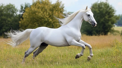 Galloping white horse in sunlit meadow landscape panorama.