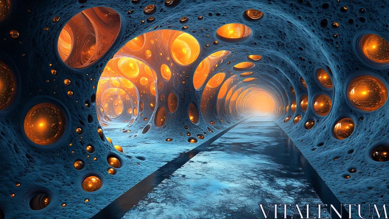 Luminous fractal tunnel glows with molten orbs and icy path