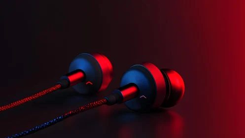 Modern in-ear headphones with braided cables in red and blue lighting.