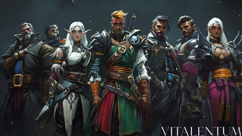 Fantasy adventuring party lined in heroic, dramatic formation.