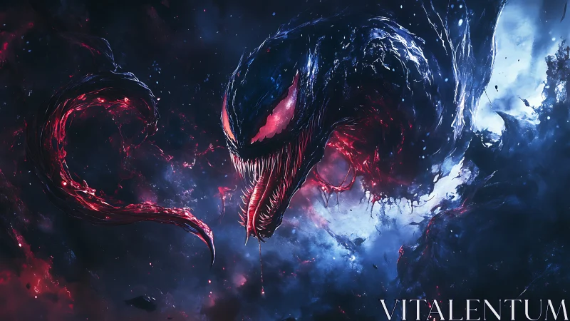 Cosmic alien serpent lunges through fractured nebula void.