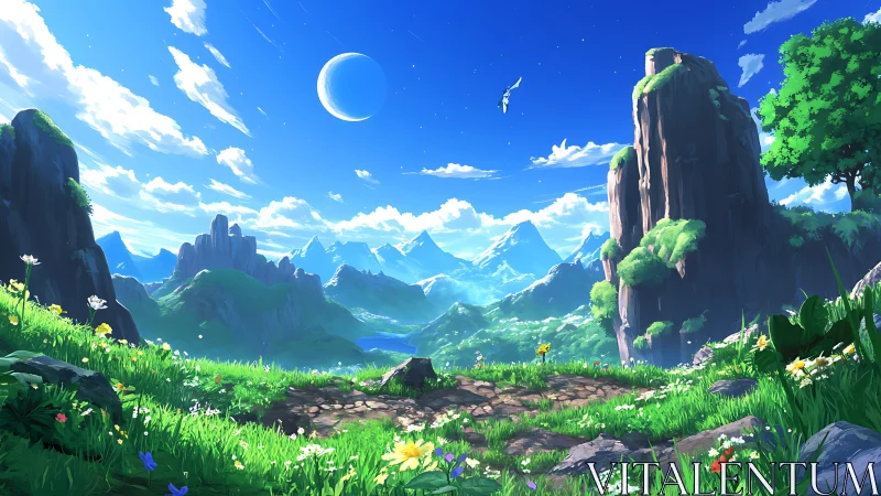 Vibrant fantasy valley with distant mountains and moon