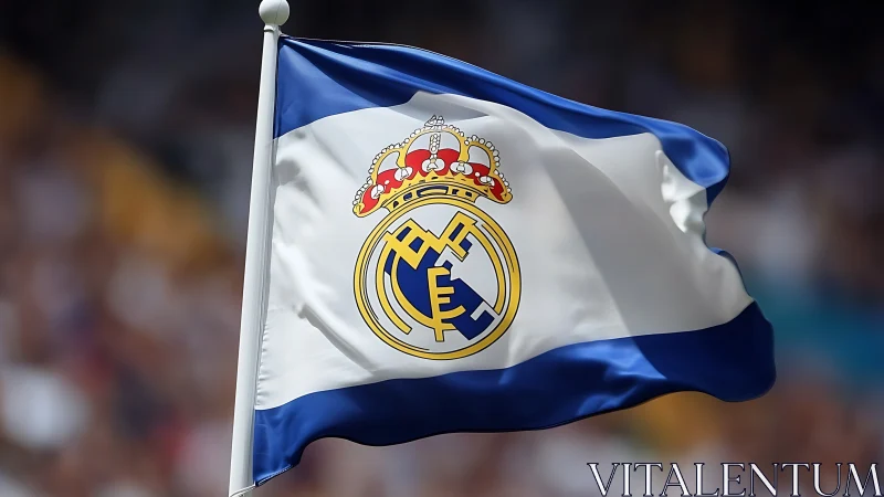 Real Madrid club flag with crest rendered in dynamic wind motion