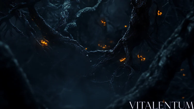 Dense twisted forest rendered with volumetric fog and ember glows