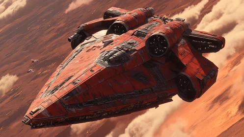 Red heavy starship crosses turbulent orange cloudscape