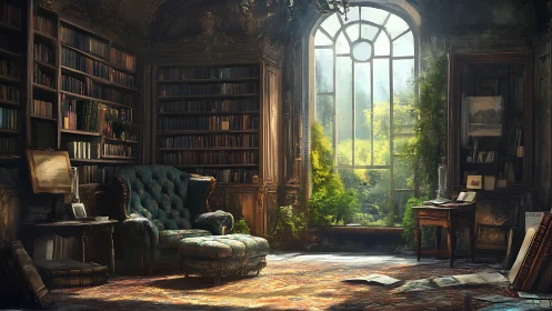 Sunlit vintage library with velvet chair and greenery.