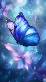 Iridescent blue butterfly hovers above bioluminescent petals